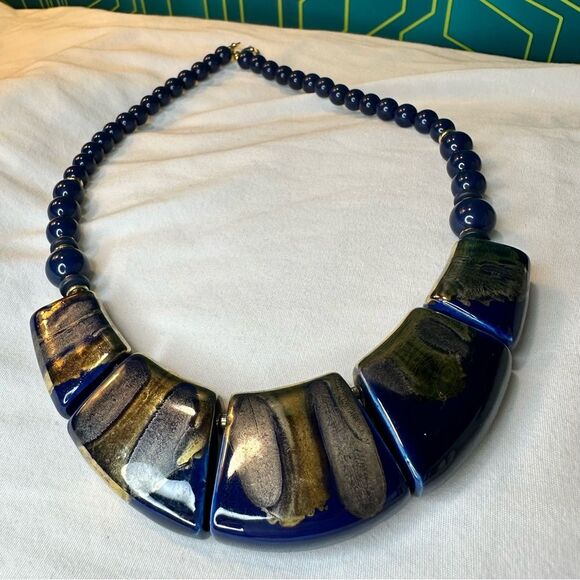 Vintage Blue Ceramic Statement Necklace Gold Glazed Art Pottery Beaded Necklace - Picture 2 of 7
